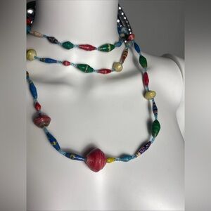 Handmade, extra-long necklace made from multicolor recycled paper beads 56”
